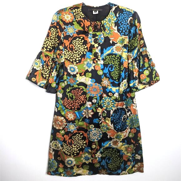 Vintage Y2K Single Dress Silk Floral Psychedelic Pattern Collared Tulip Sleeve - Picture 1 of 12